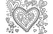Line drawing of two children and hearts