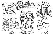 A coloring page of two children looking at or pointing at items that remind them of Jesus.