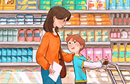 A mother and son shop for groceries for a service project.