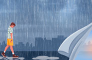 Молодой человек в летней одежде идет под дождем с опущенной головой, перед ним отодвинута занавеска, открывающая ясный день.