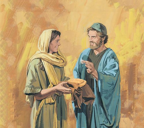 Sermon on the Mount - Jesus teaches the people to keep promises - a man is depicted giving money to a woman who is selling bread - ch.20-8