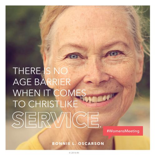 An image of a woman smiling, paired with a quote by Sister Bonnie L. Oscarson: “There is no age barrier when it comes to Christlike service.”