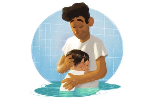 A young Guatemalan boy in the font after being baptized hugging his father. Boy in bed with stomach pains Boy in hospital bed with his parents at his side.