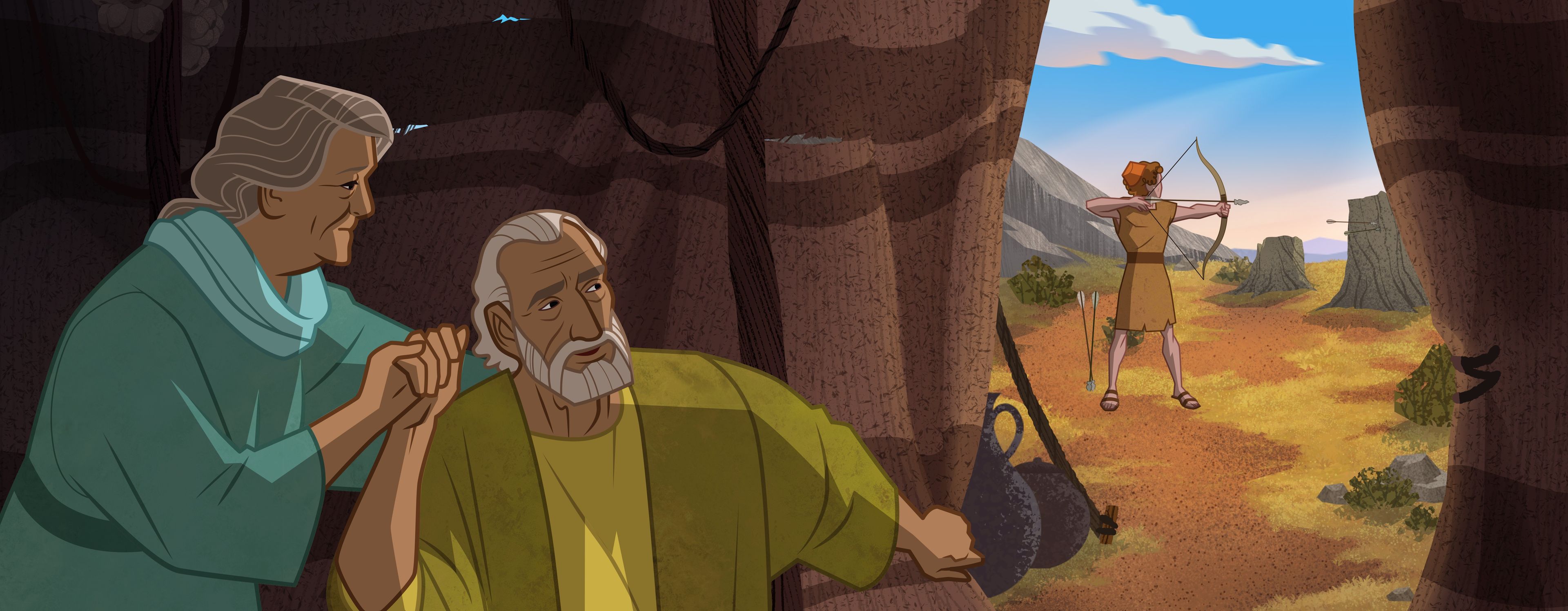 Illustration of Sarah and Abraham looking at Isaac. Genesis 17:1–8; 22:1–2