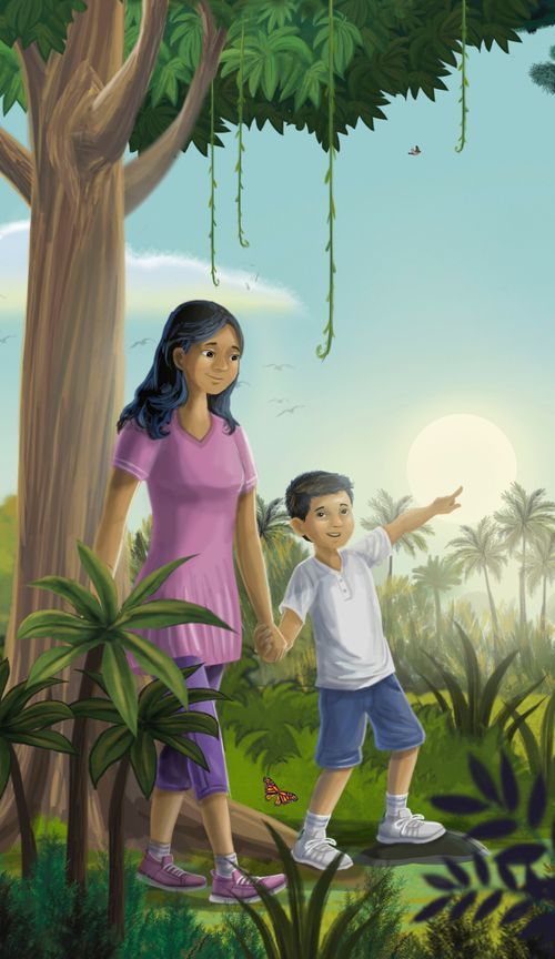 Spread illustration of Felipe (age 10) and his mom walking through a jungle, late in the day. Felipe is pointing to palm trees above the jungle in the distance. The jungle scene continues across the whole spread.  Seven spot illustrations: 1. Map of Philippines 2. A tarsier, an animal found in the Philippines 3. An Latter-Day Saint temple illustration 4. Felipe and his wife on their wedding day. Just the figures from waist-up, no background needed 5. Felipe as he holds up a fish that he has caught 6. Simple family chart showing Felipe and his wife, four children (2 boys, 2 girls), and 10 grandchildren (5 boys, 5 girls).  7. Felipe at about age 19 as a missionary.