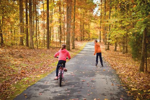 A young girl rides a bike down a path through trees with colorful leaves while a boy skates up ahead of her.