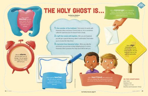 Spread PDF with illustrations showing differeng things the Holy Ghost is like