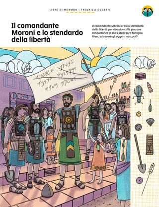 Scena illustrata di Moroni con in mano lo stendardo della libertà, circondato da persone