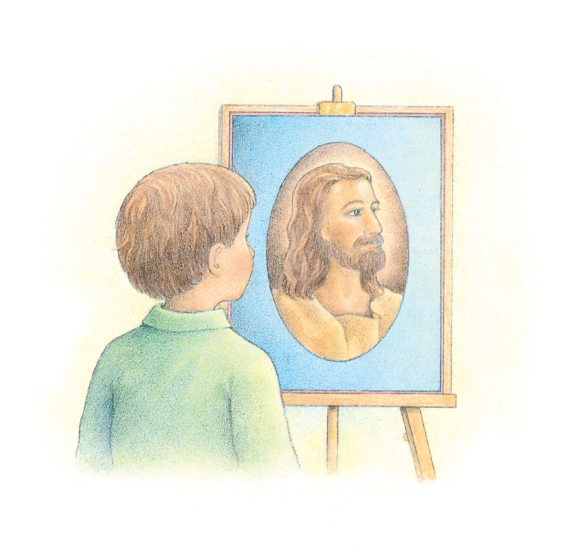 A boy standing and looking at a portrait of Christ. From the Children’s Songbook, page 160, “Choose the Right Way”; watercolor illustration by Beth Whittaker.