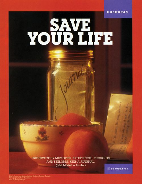 A conceptual photograph showing the word ”Journal” written on a piece of paper inside of a jar and the words “Save Your Life” printed overhead.