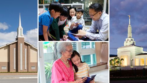 church buildings, families reading and studying