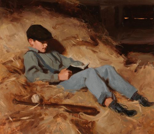A painting of Joseph Fielding Smith as a young boy reading from the Book of Mormon while sitting in his family’s hayloft.