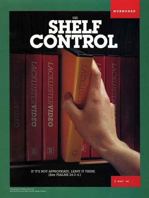 A conceptual photograph of a hand reaching out to choose a G-rated movie that is in a row of R-rated movies, paired with the words “Shelf Control.”