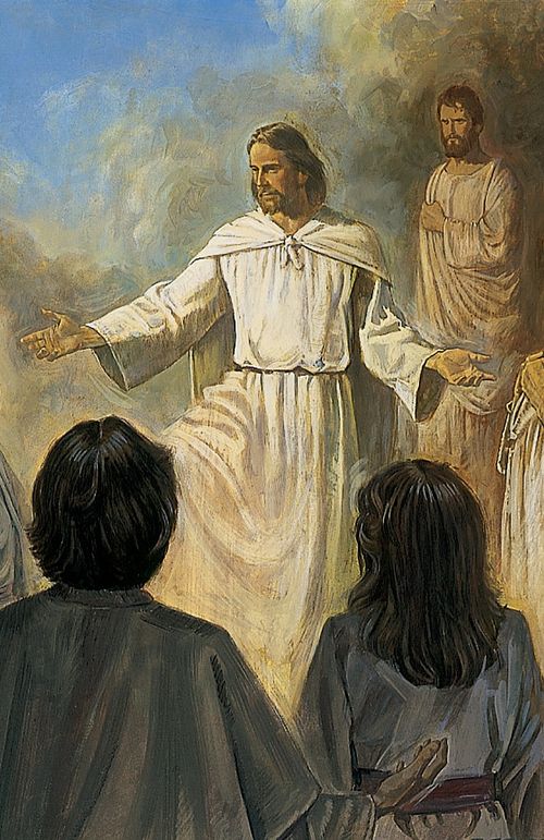A painting of Christ preaching to several people in white robes.