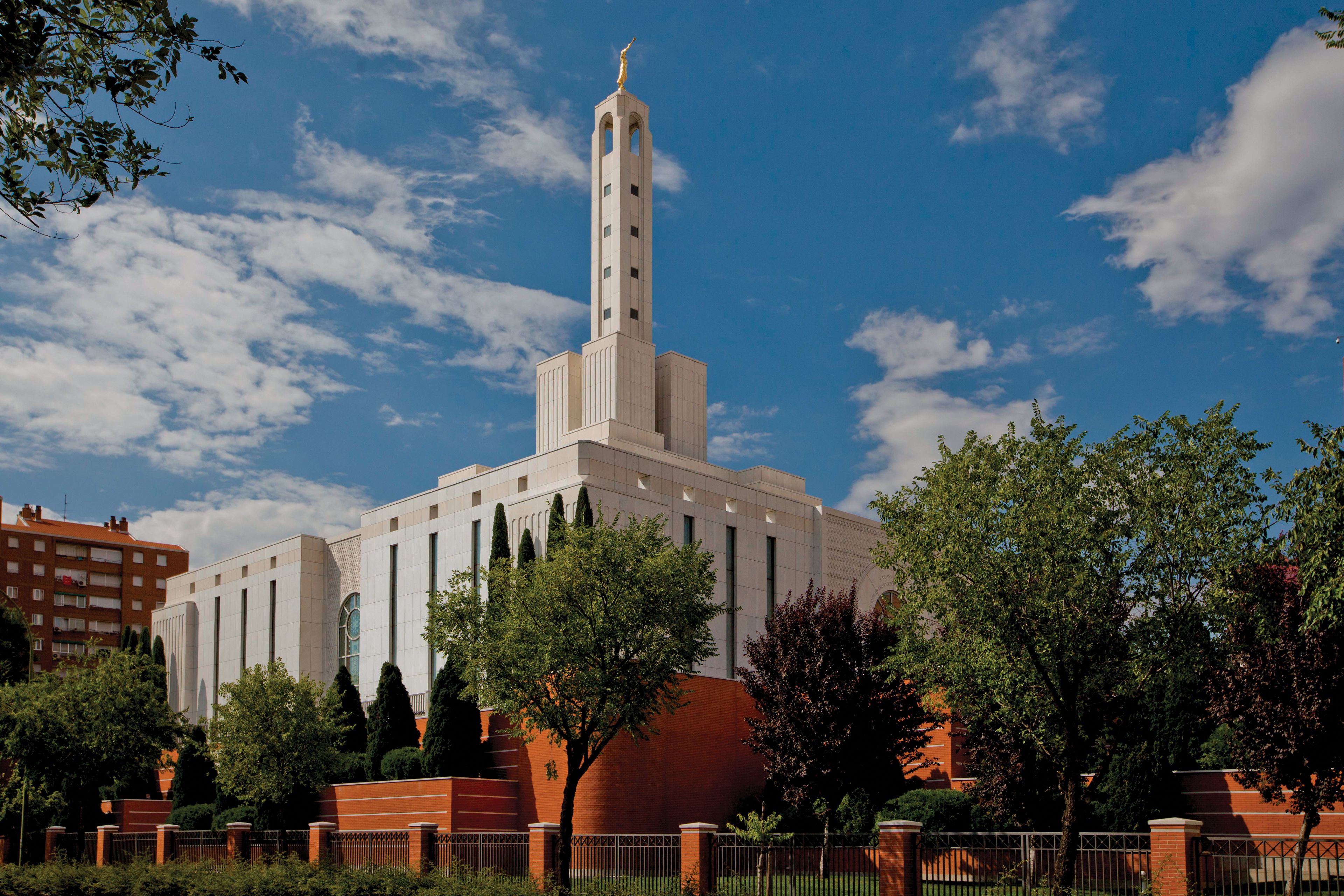 The Madrid Spain Temple, including scenery and the exterior of the temple.