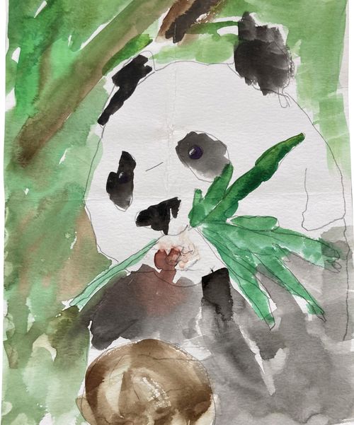 Painting ng bata tungkol sa isang panda na kumakain ng kawayan