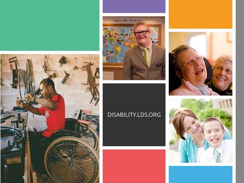 A compilation of several photographs of persons with disabilities and the URL for disability.lds.org.