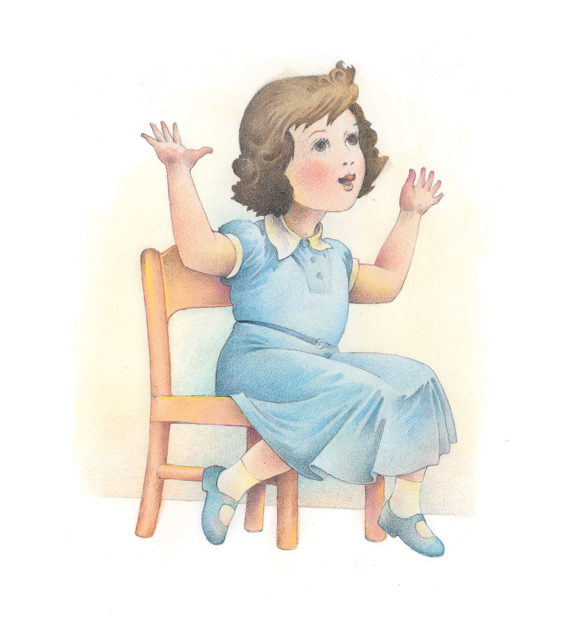 A girl sitting in a chair, singing a song in Primary. From the Children’s Songbook, page 271, “I Wiggle”; watercolor illustration by Richard Hull.