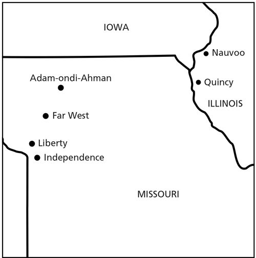 een kaart van Missouri en Illinois met locaties uit de kerkgeschiedenis