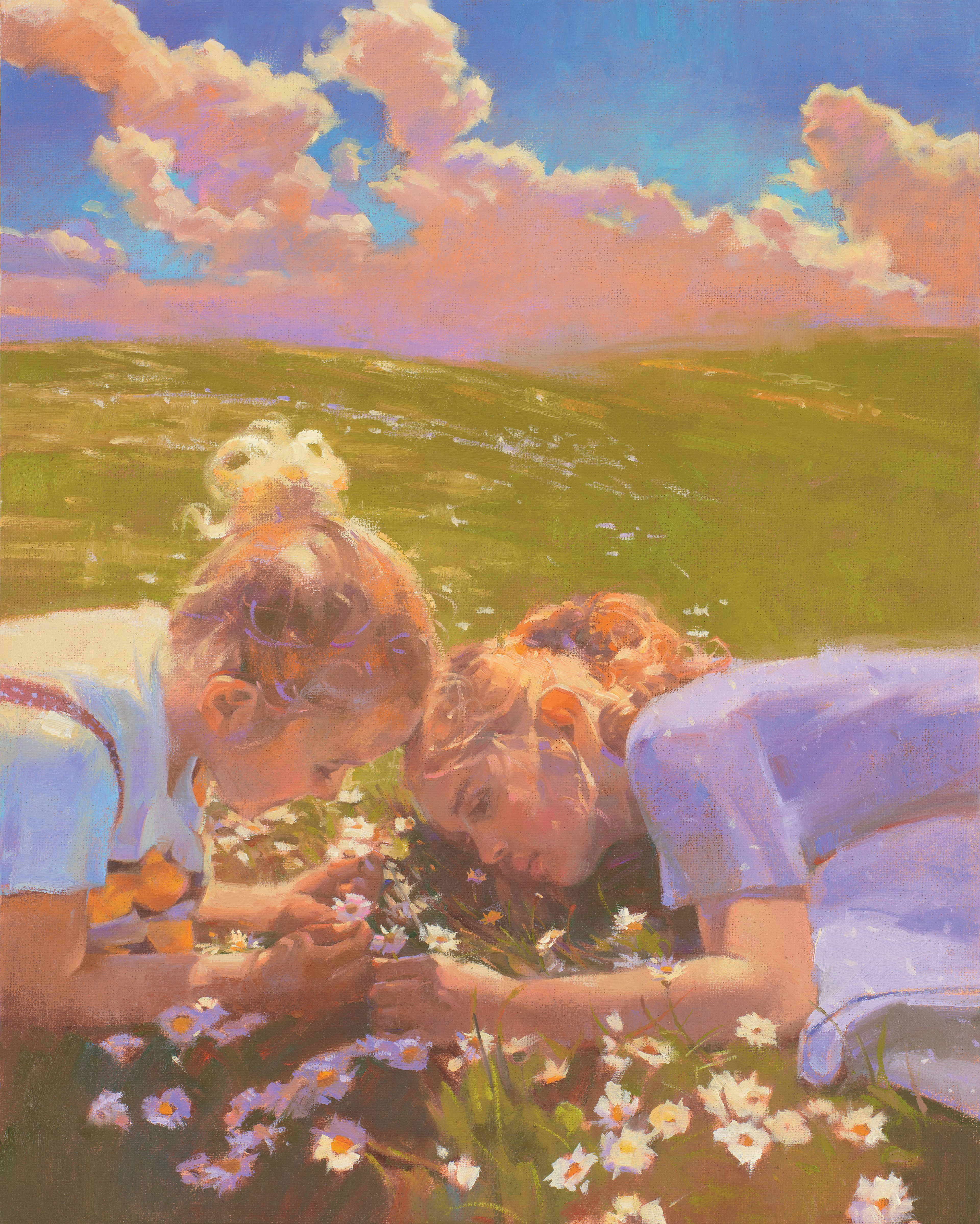 Two sisters pick daisies together in a field.
