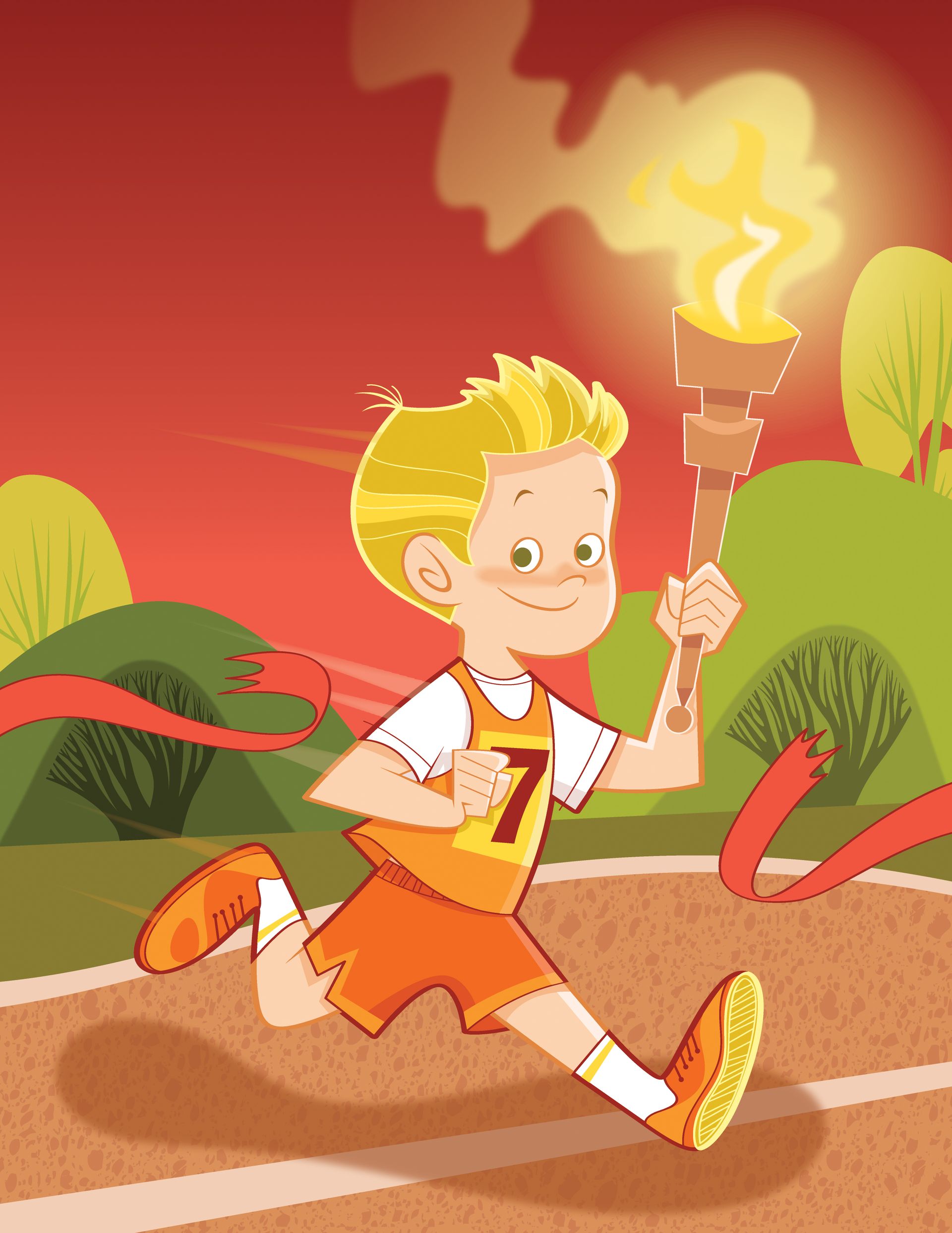 A boy runs through a red ribbon, holding an Olympic torch.
