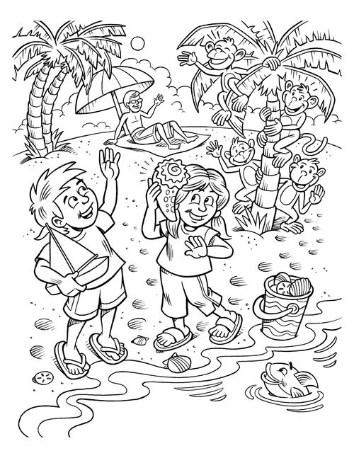 An illustration of a young boy and girl playing with a toy boat on the beach.