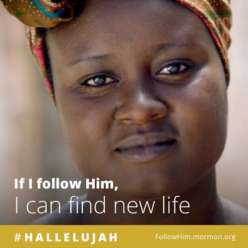 A close-up of a young woman, combined with the words “If I follow Him, I can find new life.”