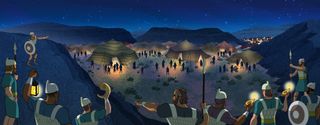 Israelite soldiers with trumpets and lamps around Midianite camp