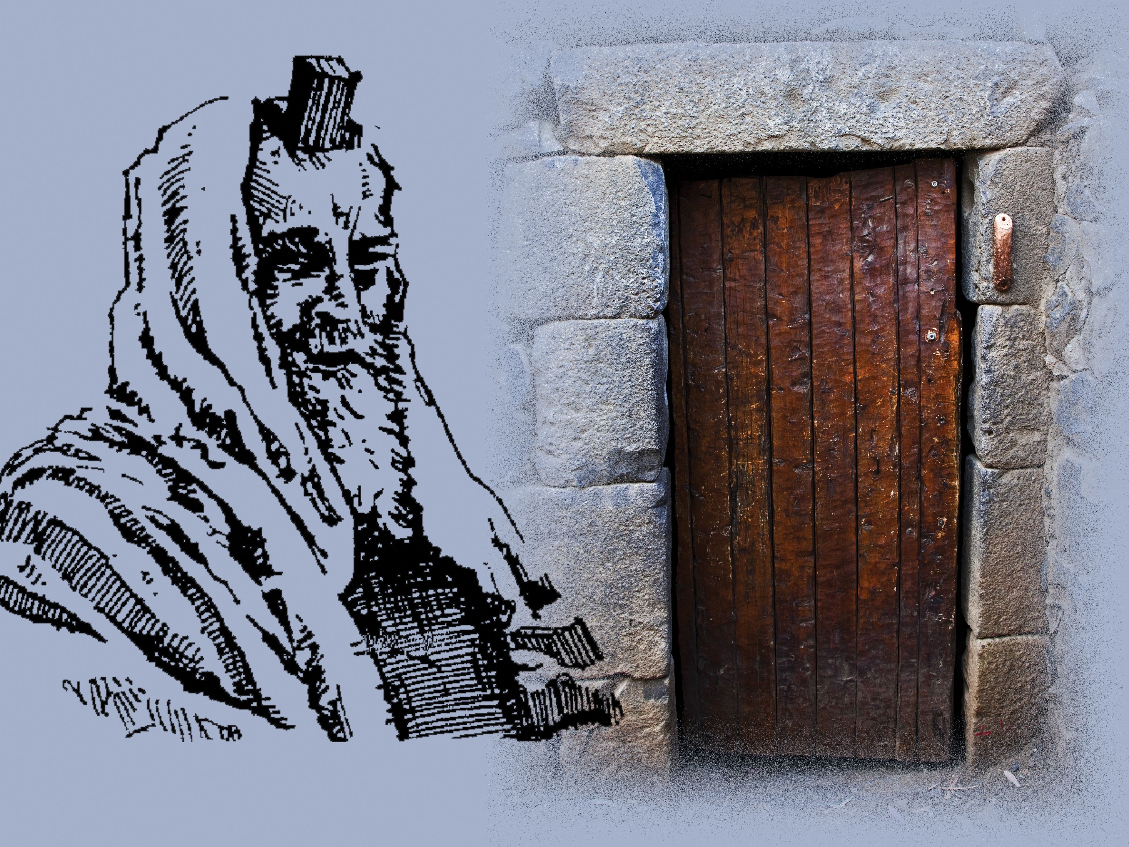 A composite image of a drawing of a man wearing a phylactery next to a photograph of a doorway with a mezuzah attached.