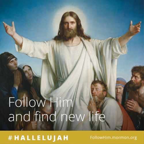 A painting of Christ with outstretched arms, surrounded by a multitude of people, combined with the words “Follow Him and find new life.”