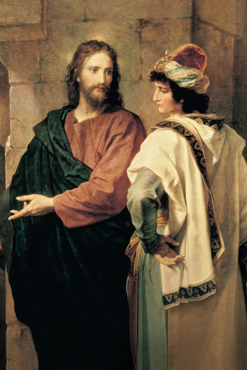 Jesus Christ depicted in red and black robes. Christ is talking to a rich young man. Christ has His arms extended as He gestures toward a poorly dressed man and woman. The painting depicts the event wherein Christ was approached by a young man who inquired of Christ what he should do to gain eternal life. Christ instructed him to obey the commandments and to give his wealth to the poor and follow Him. The young man was unable to part with his wealth and went away sorrowfully. (Matthew 19:16-26) (Mark 10:17-27) (Luke 18:18-27)