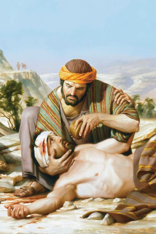 The Good Samaritan holding up a wounded man's head and giving him a drink. A donkey is in the background.