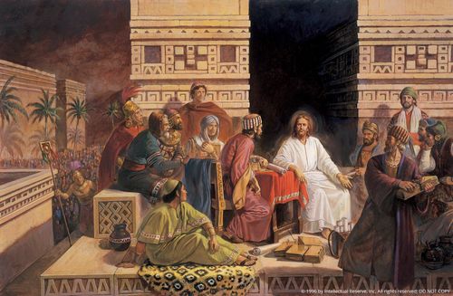 Christ wearing white robes, sitting among a group of people in the Americas while they bring Him plates of their records.