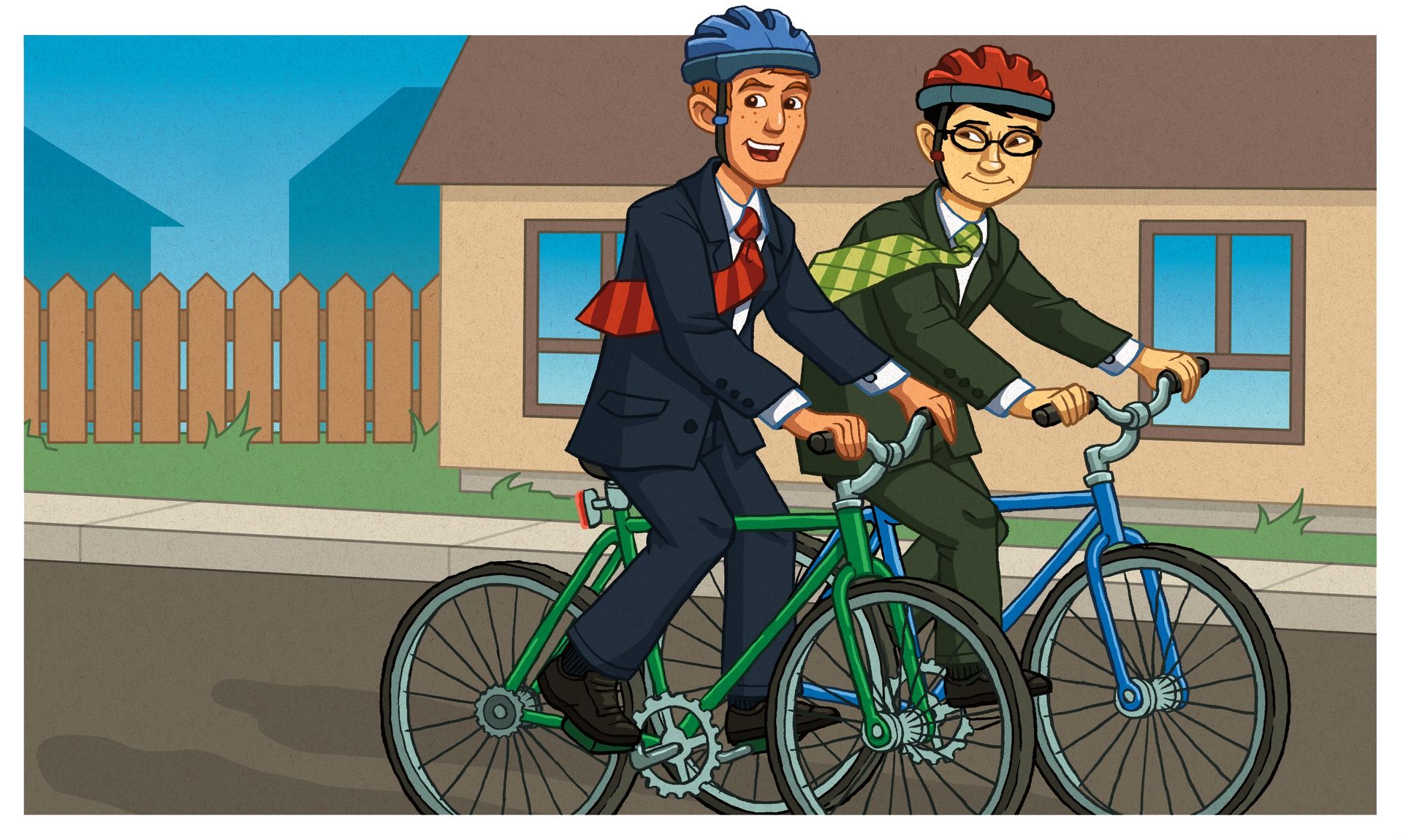 Two missionaries ride bikes down a street.