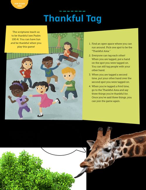 Activity PDF with image of children playing tag, plus an activity to fill in words for a giraffe