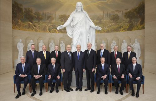 First Presidency and Twelve Apostles in front of Christus