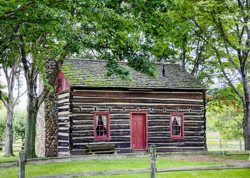 exterior of reconstructed Peter Whitmer Sr. home, Fayette, New York