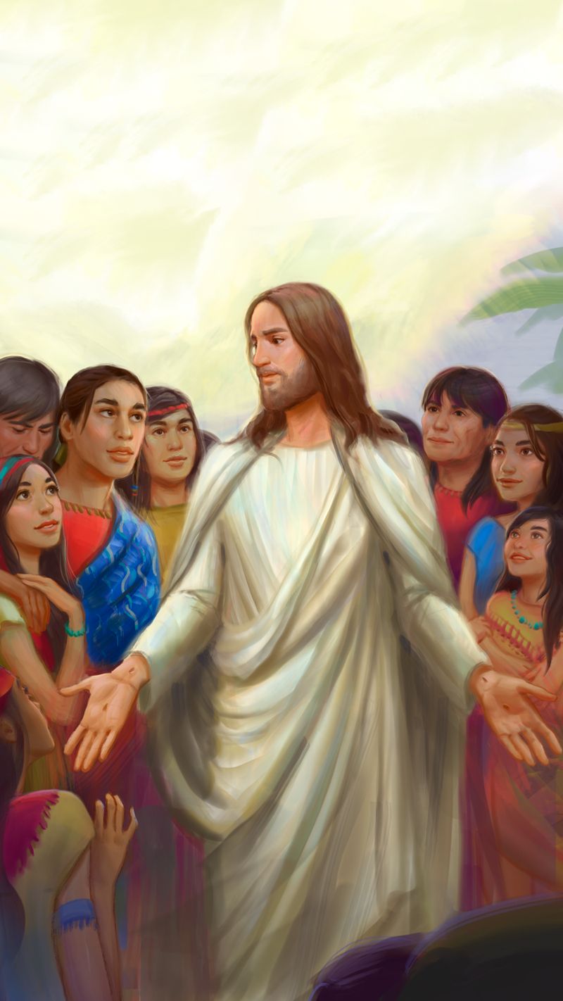 An illustration of the resurrected Jesus Christ standing among the Nephites.