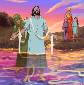 Naaman in the Jordan River, healed