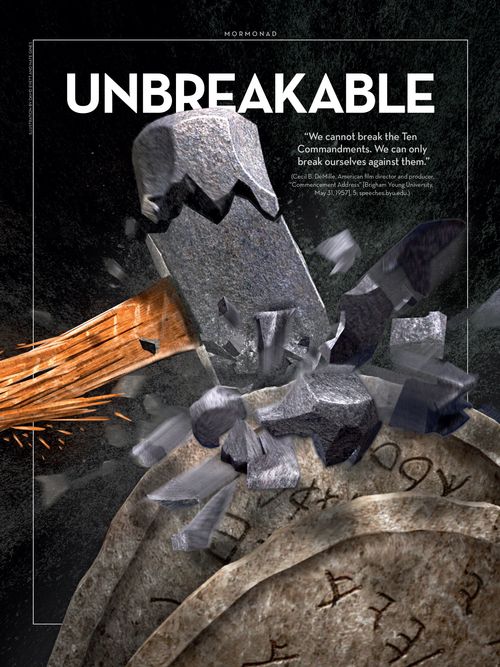 A conceptual photograph of a sledgehammer shattering while trying to break two stone tablets, paired with the word “Unbreakable.”