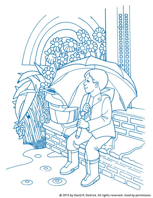 A line drawing of a boy holding an umbrella while sitting on steps, with a rainbow in the background and objects hidden throughout.