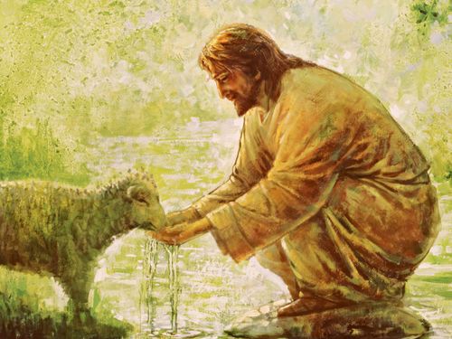 Painting depicts Christ stooping to help feed water to a thirsty lamb.
