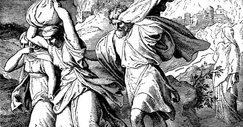 illustration of Lot and his family fleeing Sodom and Gomorrah