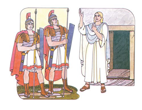 Primary cutouts of two guards standing in armor and an angel lifting his hand toward the sky while standing next to the open tomb door.