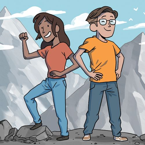 young woman and young man in mountains