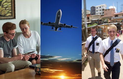 composite of young man with mother, airplane, missionaries