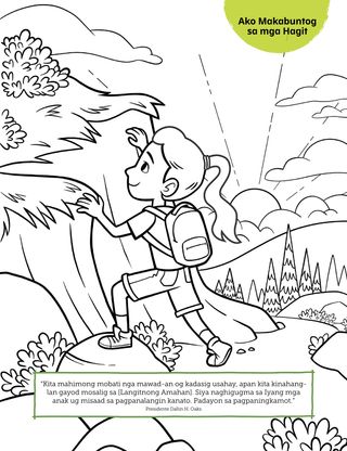 coloring page of girl hiking up mountain