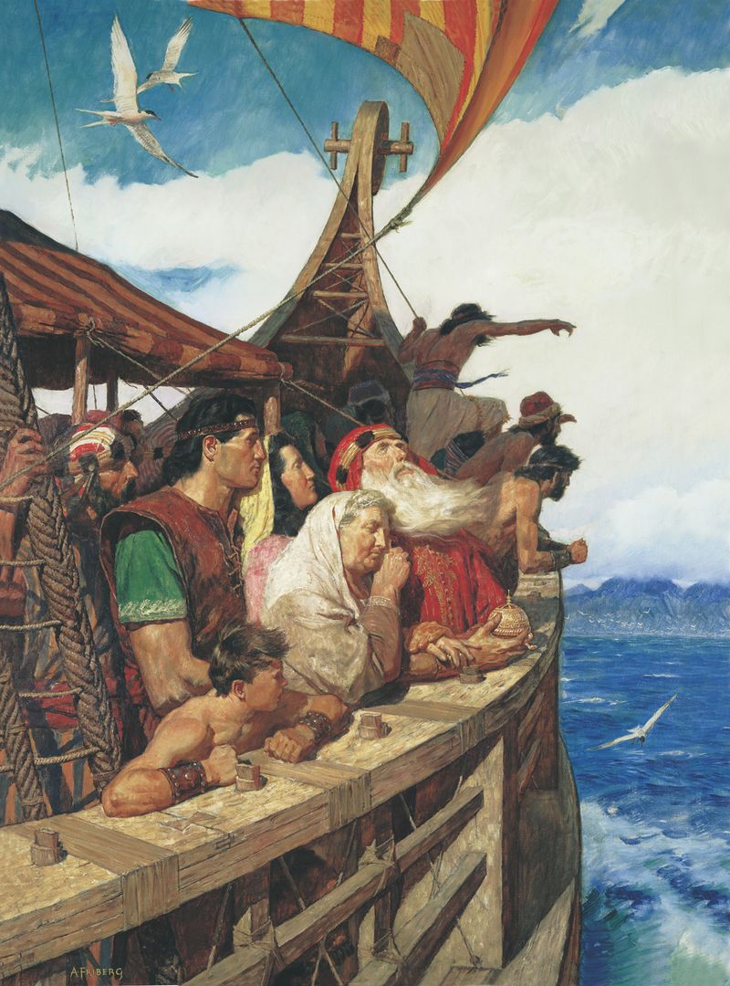 Leí e sua família do Livro de Mórmon navegam para a terra prometida