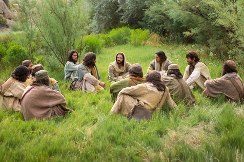 portrayal of Jesus and His disciples on a hillside