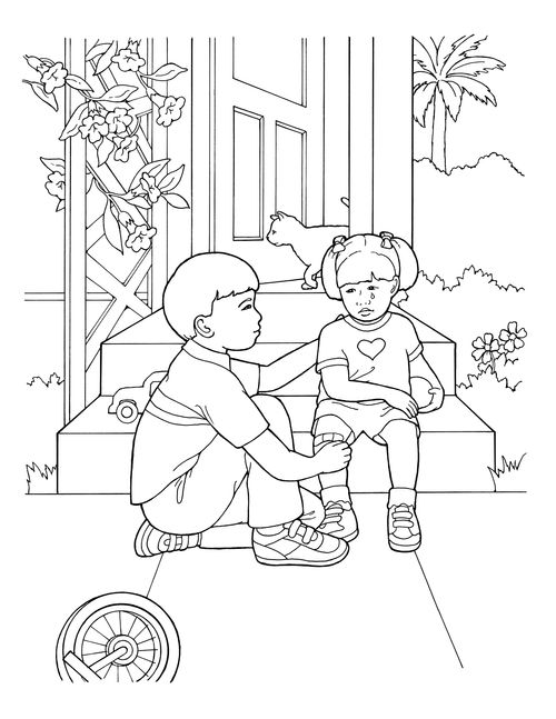 A black-and-white illustration of a boy comforting a girl who is sitting on the steps of their home with a bandage on her knee.